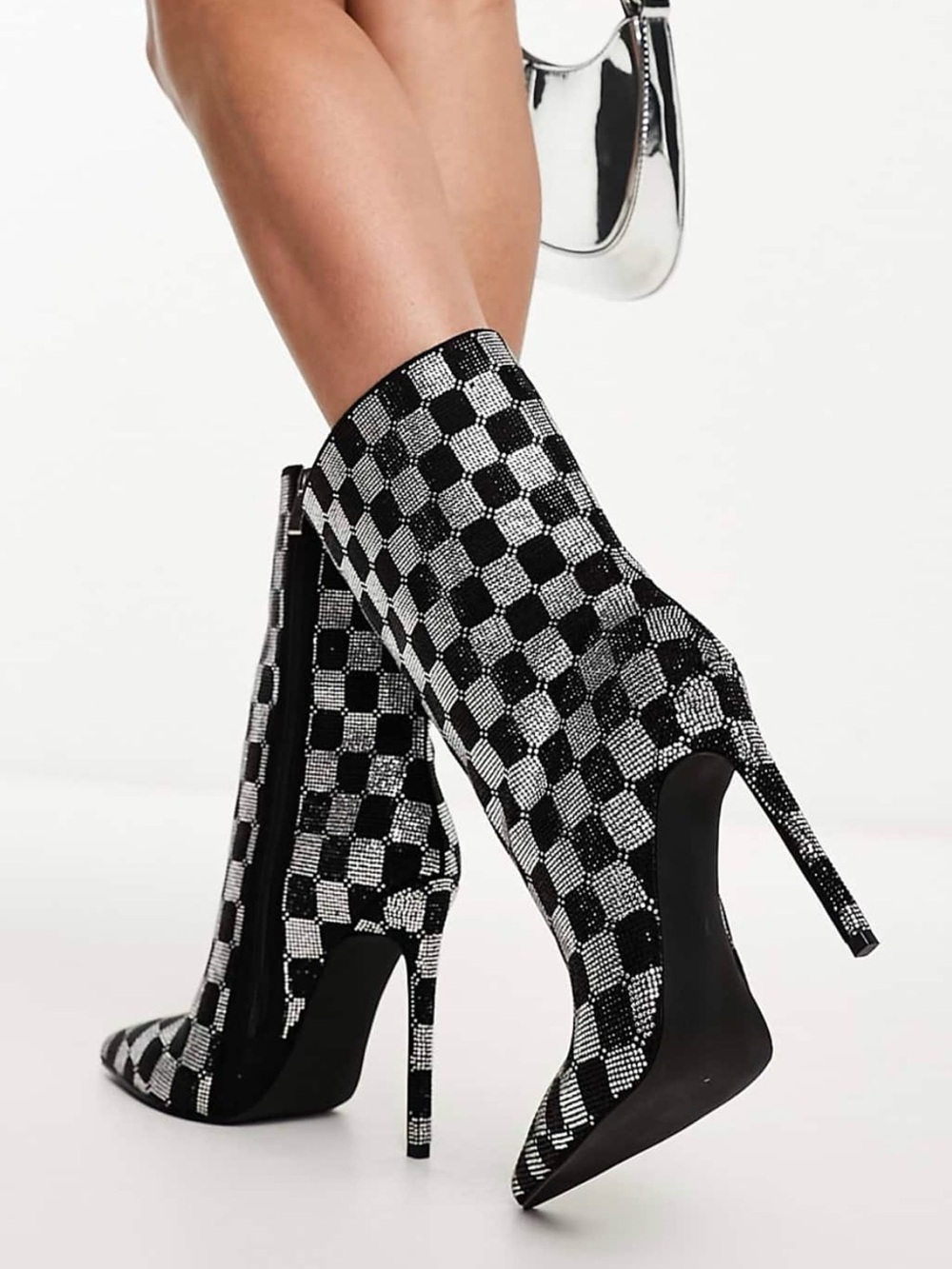 Azalea Wang Black & Silver Checkers Glitter Stiletto Sock Boots - Women's
